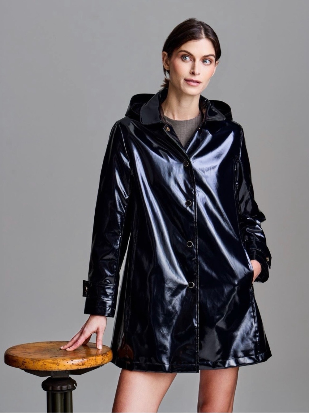 Womens Jane Post Black Glossy Hooded Raincoat